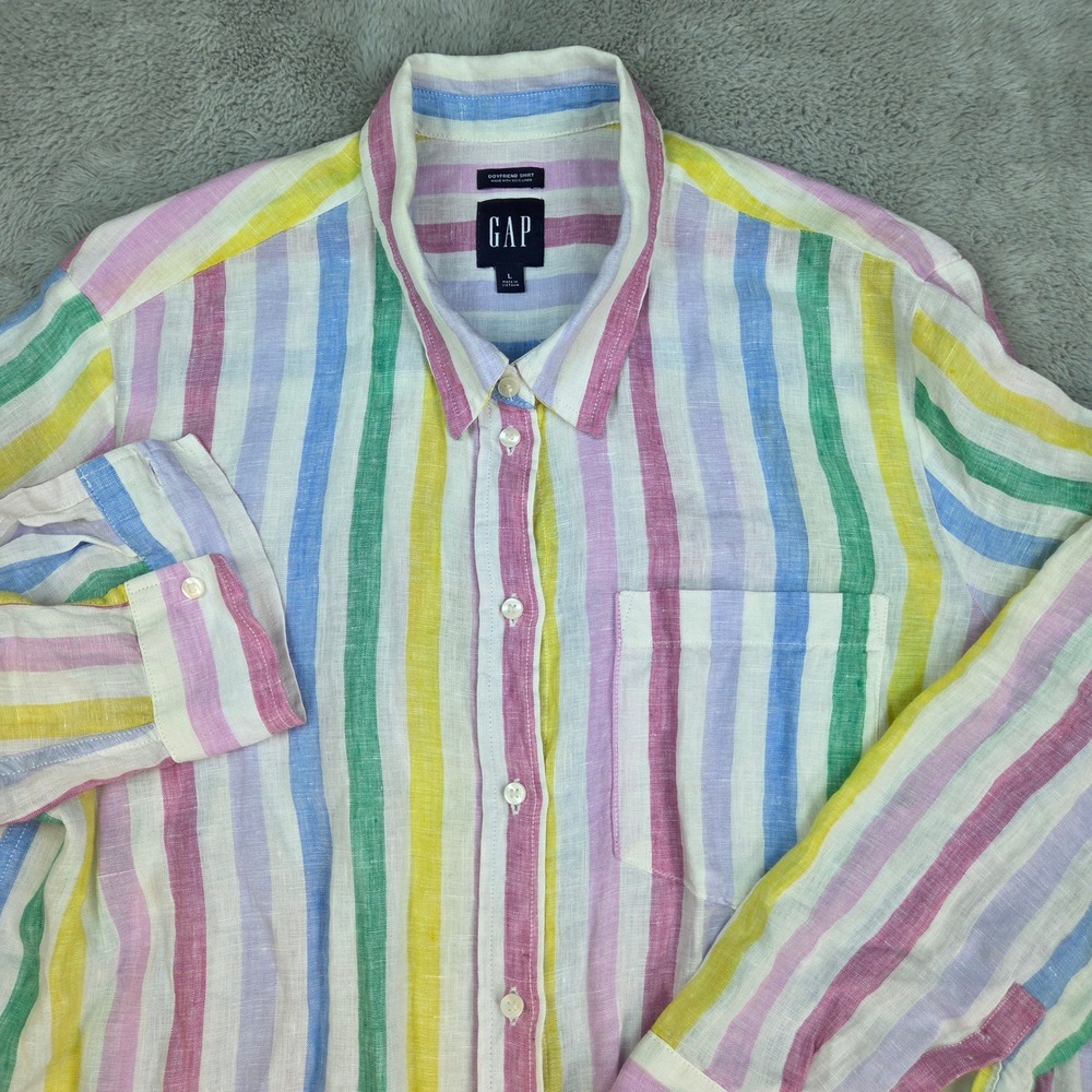 Gap Linen Boyfriend Shirt Womens L Rainbow Stripe Long Sleeve Button Up Multi